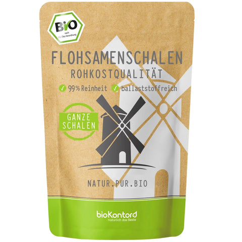 bio Flohsamenschalen ganz in Rohkostqualität von biokontor - Produktverpackung Vorderseite