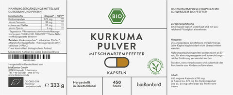 Bio Kurkuma Kapseln mit schwarzem Pfeffer - vegan - bioKontor