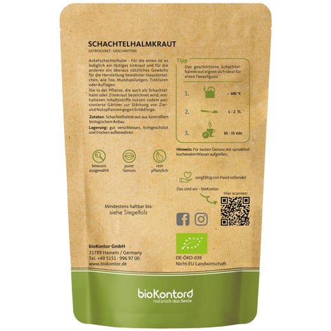bio Schachtelhalmkraut Tee getrocknet und geschnitten von biokontor - Produktrückseite mit Anweisung zur Teezubereitung