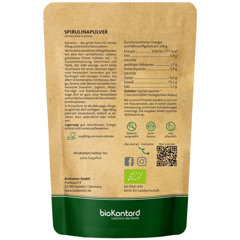 bio Spirulinapulver von bioKontor - Verpackungsrückseite mit Verzehrempfehlung und Nährwerten