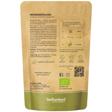 bio Weidenröschentee geschnitten von biokontor - Verpackungsrückseite mit Verzehrempfehlung