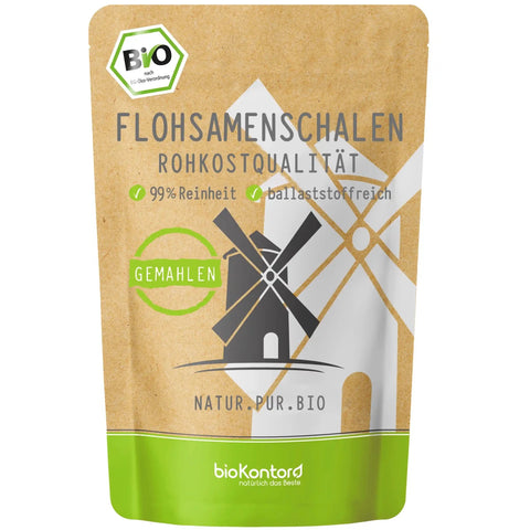 bio Flohsamenschalen gemahlen mit 99% Reinheit in Rohkostqualität von biokontor - Produktverpackung Vorderseite
