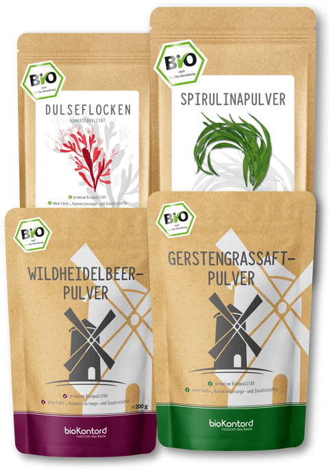 Heavy Metal Detox Smoothie Set nach Anthony William - BIO GerstengrasSAFTpulver 100 g, Wildheidelbeerpulver 200 g, Spirulinapulver 250 g, Dulseflocken 50 g - bioKontor