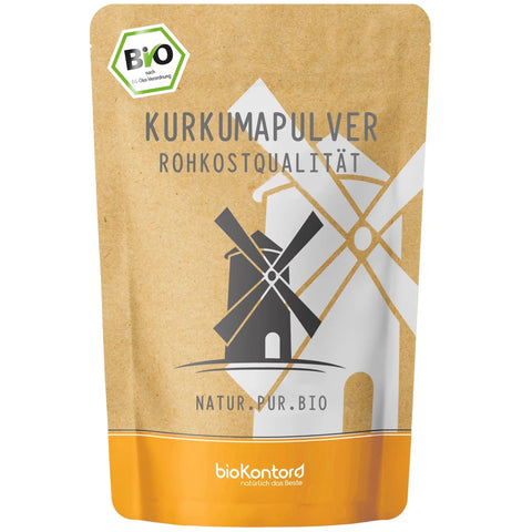 bio Kurkuma Pulver luftgetrocknet und feingemahlen in Rohkostqualität von biokontor - Produktverpackung Vorderseite