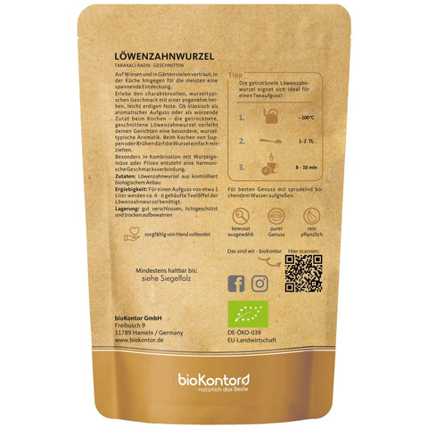 bio Löwenzahnwurzeltee geschnitten von bioontor - Produktrückseite mit Verzehrempfehlung